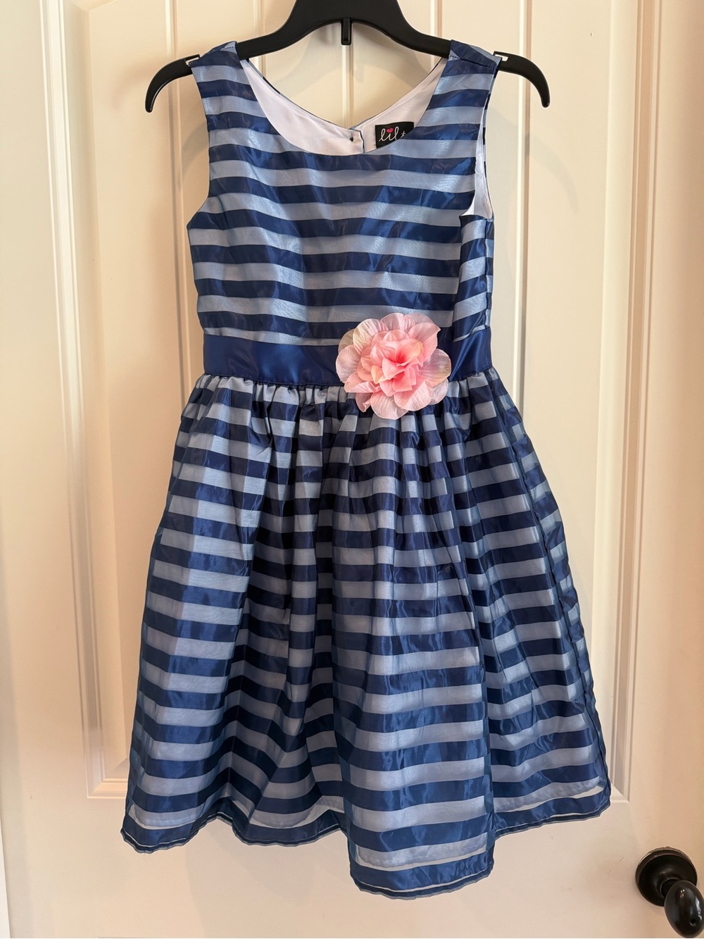 lilt Blue Striped Sleeveless Party Dress with Pink Flower